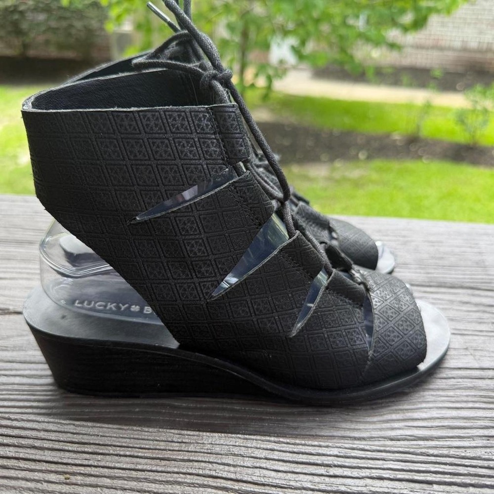 Lucky Brand Black Leather Lace-Up Gladiator Wedge Sandals Boho Festival